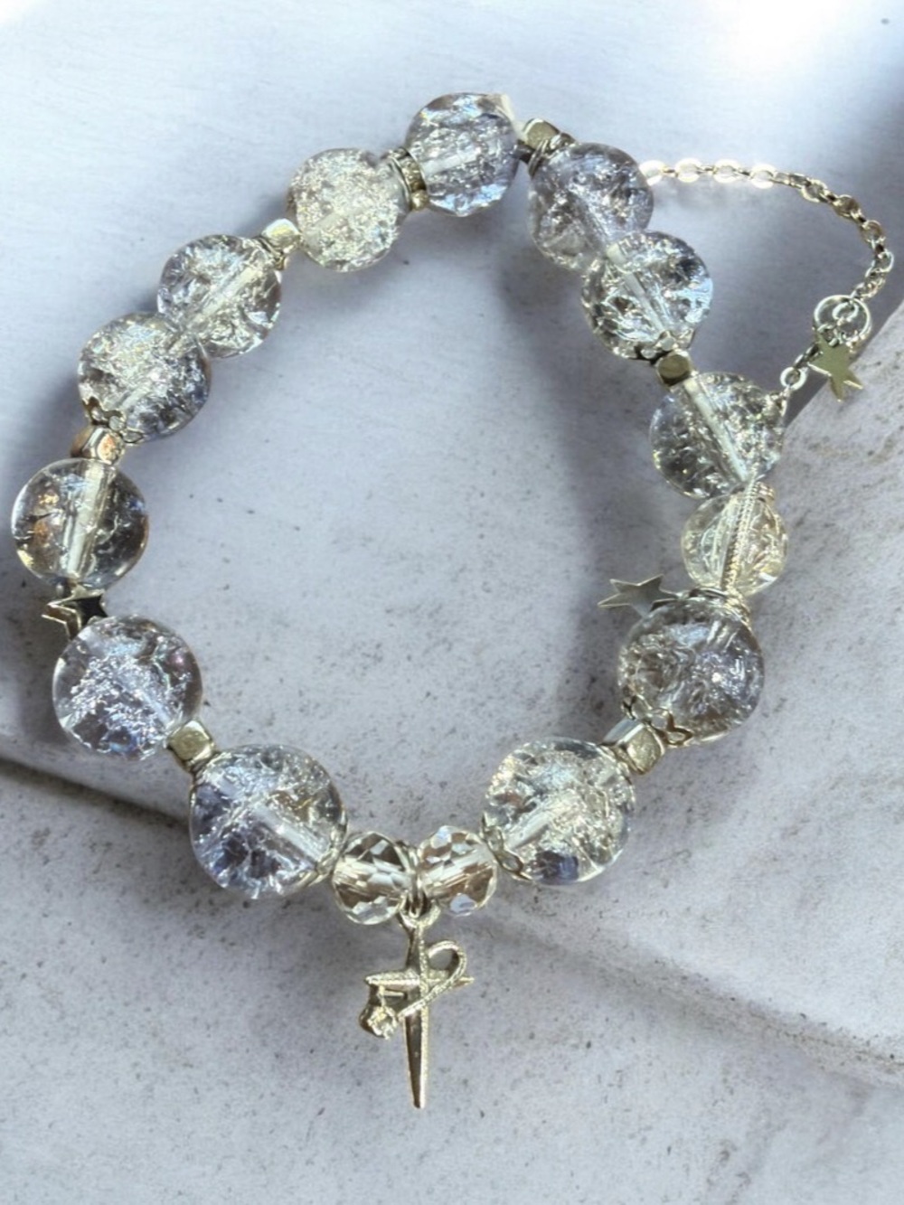 Celestial Star Charm Crackle Glass Beaded Bracelet NEW